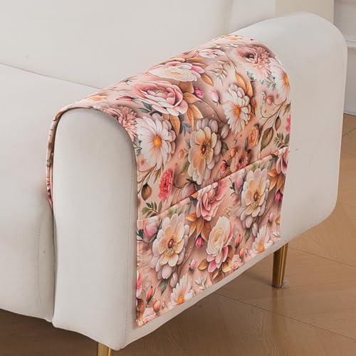 Image of HOKIPO 'Nature Muse' Premium HD Printed Holland Velvet Sofa Armrest Covers with Pockets | 1 Pair | Rose Symphony (IN-921-L-D5*2)