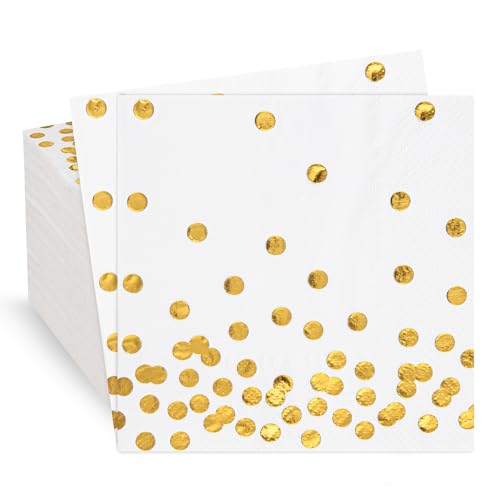 80 Pack of White Paper Cocktail Napkins with Gold Foil Polka Dot Confetti，Polka Dot Party Supplies(5 x 5 in，3-ply) (gold)