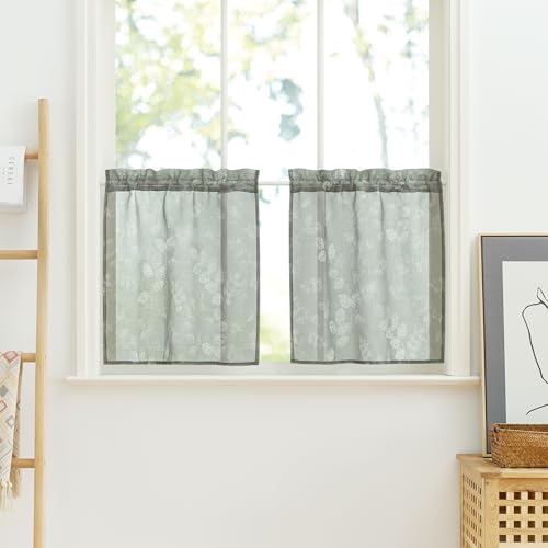 PONY DANCE Rideau Voilage Passe Tringle - Rideaux Vert avec Motifs Floraux Blanc pour Interieurs...