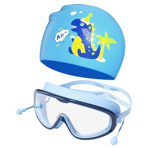 Image of PROBEROS Swimming Goggles and Cap Set for Kids, Anti Fog, Dinosaur Blue | Fog Control for Clear Views, Silicone Seal for a Comfortable Fit, Soft Silicone Cap, Large Frame, Pool Practice for Beginners