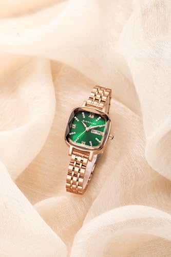 Image of Giordano Elegant Square Rose Gold Watch for Women - Crystal & Roman Hour Markers, Day-Date Display, Stainless Steel Strap