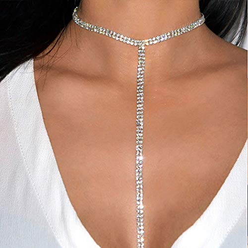 Jeweky Simple Crystal Necklace Silver Rhinestone Necklaces Long Choker Jewelry for Women and Girls