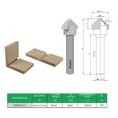 Fresa para ACM 90° Haste 6mm para Tupia Manual 59075 Radix