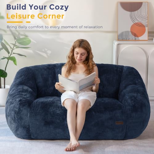 Image of MAXYOYO Bean Bag Chair, Comfy Bean Bag Sofa with Back Support, Loveseat Faux Fur Bean Bag Chair for Adults, Stuffed Floor Sofa for Living Room, Bedroom, Apartment, Navy