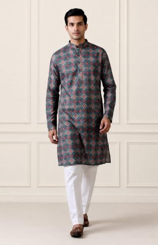 Image of FOXDX Men's Cotton Kurta, Ethnic Printed Kurta for Perfect Ethnic Look, Stand Collar Long Sleeve Casual Printed Regular Long Kurta