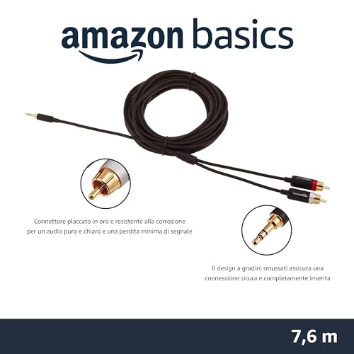 Amazon Basics Cavo audio adattatore da Aux 3,5 a 2 RCA per amplificatori, casse attive, con connettori placcati oro, 7.6 m, Nero - Immagine 1