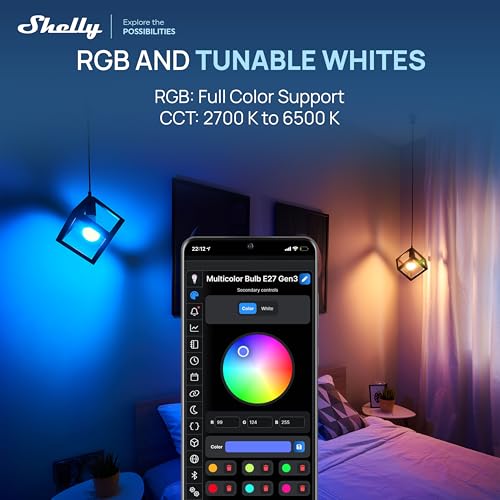 Shelly Multicolor Bulb E27 Gen3 - WLAN Smart LED Glühbirne, RGBW, 9W, 800lm, 16 Millionen Farben, Farbtemperatur 2700K-6500K, Dimmbar, Sicherheitsmodus, Sprachsteuerung, Kein Hub Erforderlich