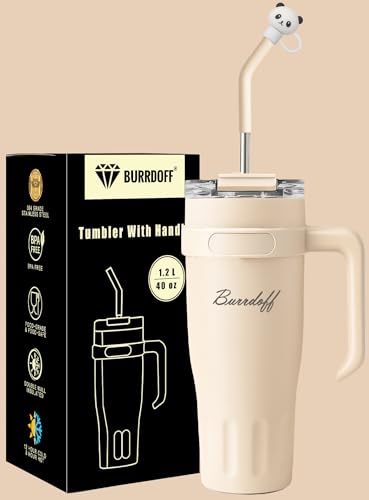 Image of Insulated Tumbler with Straw Lid and Handle (1200 ML) Double Wall Sipper Water Bottle for Adults, Tumbler Bottle with Straw (Luxe Creme, 1200 ML, with Panda Straw Coverr)