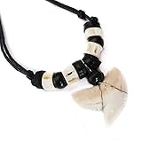 Swimmi Natural Mako Shark Tooth Pendant Surfer Beads Cord Necklace for Men Women CA433,BlackandWhite