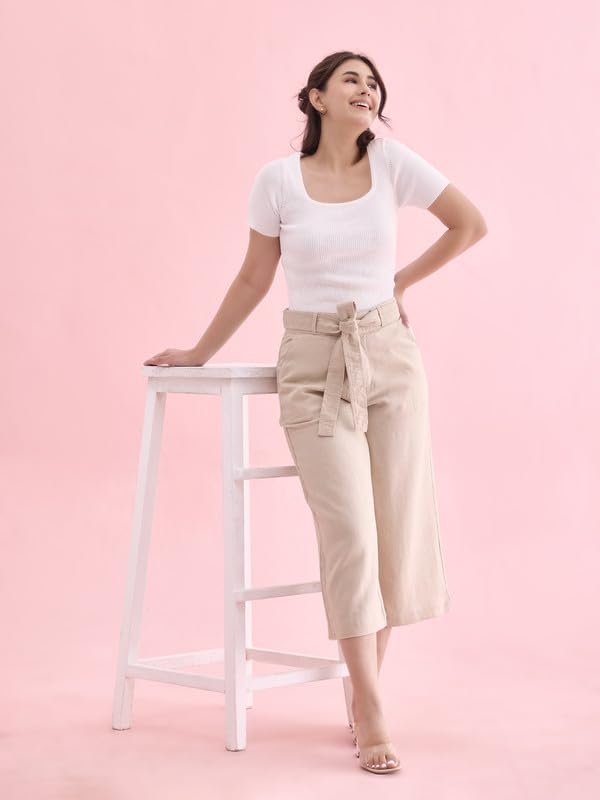Image of GO COLORS Solid Linen Culottes for Women | High Rise, Side Pockets, Front tie-up