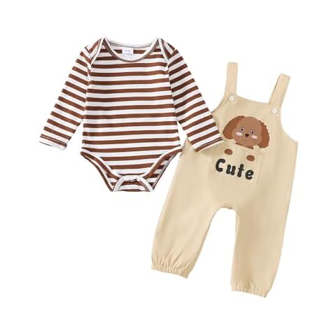 Saeaby Baby Boy Outfits Newborn Baby Boy Clothes 6-9 Months Boy Romper Long Sleeve Cartoon Suspender Beige Pants Set 12 Month Boy Clothes Cover