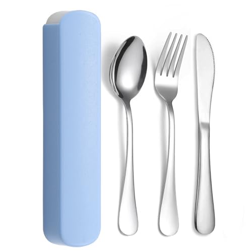 JIEYUCHU 3 Pezzi Posate da Viaggio, Posate Da Campeggio Kit Acciaio Inox, Set di Posate con Custodia Portatile, Coltello, Forchetta, Cucchiaio per Viaggi, Campeggio, Ufficio, Scuola (Blu)