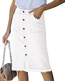luvamia Women's Casual Mid Rise Button Down Frayed Raw Hem Denim Jean Midi Skirt Cream White Large