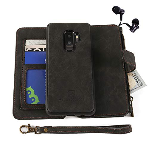Samsung Galaxy S9 Plus Case, [Detachable Wallet Folio][2 in 1][Zipper Cash Storage][Up to 14 Card Slots 1 Photo Window] PU Leather Purse Clutch with Removable Inner Magnetic TPU Case - Black