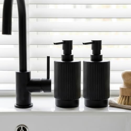 Image of VIMERPA Hand and Dish Soap Dispenser Set for Kitchen, 2 Pack 10 fl oz Matte Black Ribbed Glass Soap and Lotion Dispensers Sets with Pump for Bathroom, Modern Refillable Liquid Soap Pump Bottle