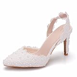 ♡ Cierre: deslizable. Zapatos de boda para mujer, Sandalias de tacón de aguja con punta estrecha y cuentas de flores de encaje de 9 cm, Vestido de noche de fiesta de boda puesta en escena zapatos,Blanco,42 EU