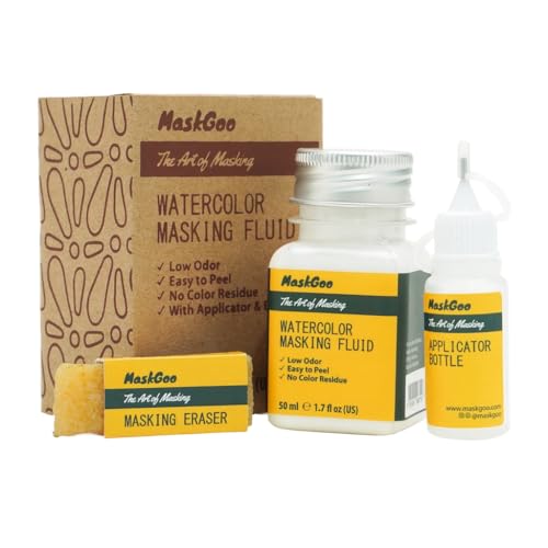 Maskgoo Watercolor Masking Fluid Set With Low Odor Formula, 50Ml (1.7 Fl Oz), Applicator &Amp; Eraser