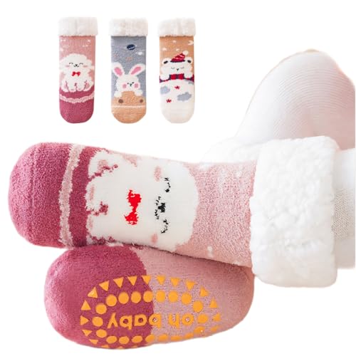3 Pairs Warm Plush Baby Socks with Grips for Winter, 0-4 Year Cartoon Bear Bunny Thick Fleece Floor Socks Girls Boys