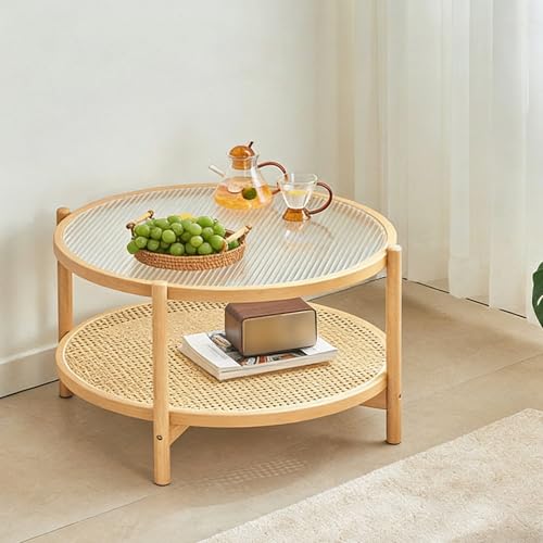 WANGRUIERHA Couchtisch Rund, Kleiner Couchtisch aus Rattan und Bambus,...