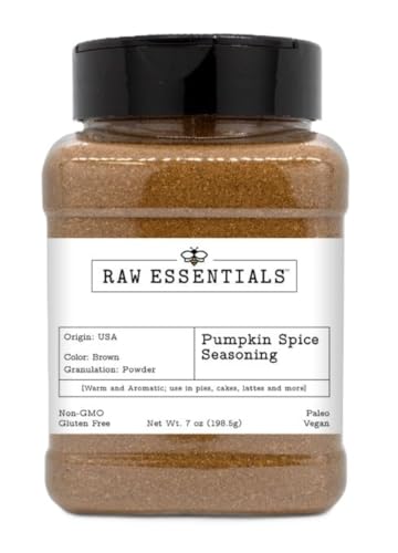 Raw Essentials Especias de calabaza, mezcla cálida y aromática para pasteles, latte y más, sin OGM, sin gluten, paleo, vegano, botella de 200 ml