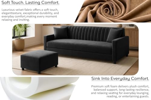 Image of Deco Studio Three-Seater Wooden Sofa Set with Ottoman,Velvet Fabric, Comfortable Couch for Living Room, Office & Apartment-Black