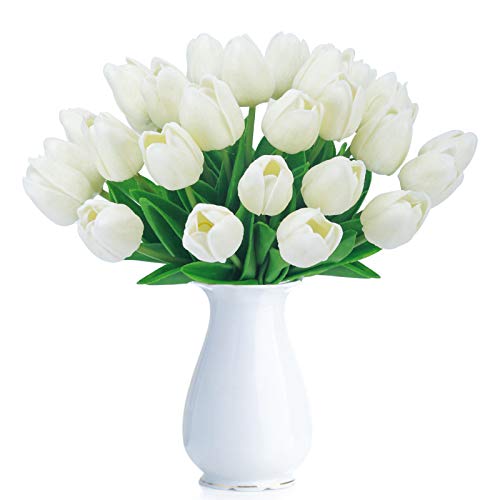 BOMAROLAN Artificial Tulip Fake Holland Mini Tulip Real Touch Flowers 24 Pcs for Wedding Decor DIY Home Party (Cream)