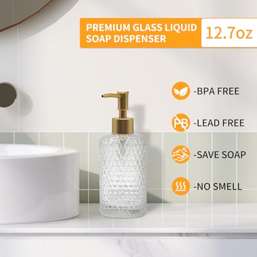 Image of Glass Hand Soap Dispenser Bathroom, Refillable Liquid 12.7oz Soap Dispenser with Rust-Proof Plastic Pump for Kitchen
