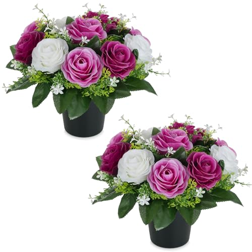BLOSMON Cimetiere Fleurs Artificielles en Pot: 2 Pcs Violet Lilas Rose Artificielle avec Vase pour Cimetière Tombe Deco - Fleur Artificiel pour Exterieur...