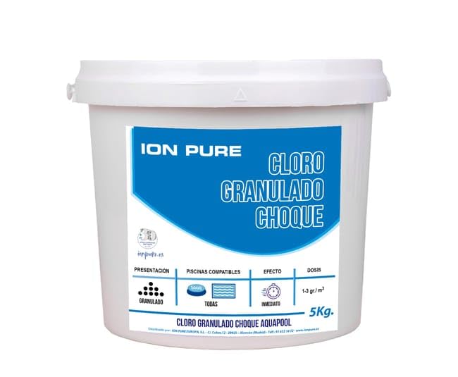 Ion Pure Cloro Choque Accion Rapida, recuperador Agua Piscina deteriorada, Alta solubilidad, granulado 5 kg
