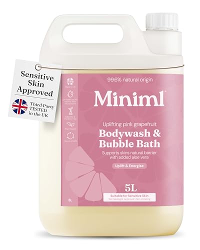 Miniml All Natural Body Wash and Bubble Bath - 5L Refill Moisturising Pink Grapefruit and Aloe Vera Sensitive Skin Eco Shower Gel Bath Soak - Vegan Friendly Hand Face & Body High Foam Scrub