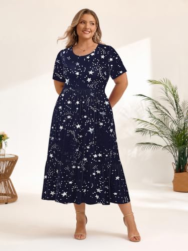 Image of LARACE Plus Size Dresses for Women Summer Maxi Casual Dress with Pockets | plus size summer dresses women, soft rayon, flowy maxi, short sleeve, pockets, flattering & covers belly, beach wear, L-6XL