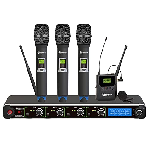 AVTronics SYSQ3H1L Professional 200 Channels UHF Three Wireless Handheld Microphone System with LCD Display, and One Beltpack with Lapel Microphone - Black