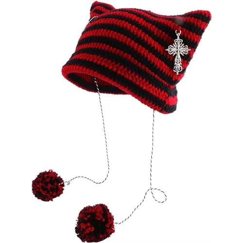 Grunge Beanies Crochet Knitted Hats for Women Girls Fox Cat Ear Goth Emo Alt Y2K Accessories Grunge Clothes