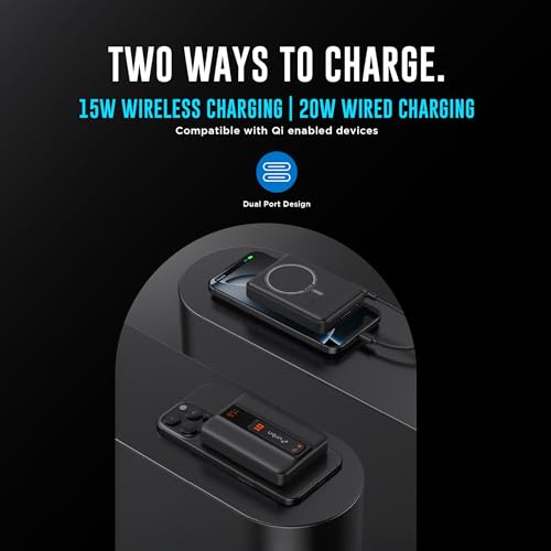 Image of URBN One Premium MagSafe Power Bank 10000mAh | 15W Fast Magnetic Wireless Charging | Built-in Detachable Type C Cable | Dual Port with Pass Through Charging (Black)