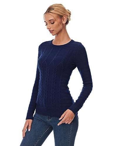 Image of AmelieBoutik Women Crewneck Geometric Cable Knit Long Sleeve Sweater Top(Blue X-Small)