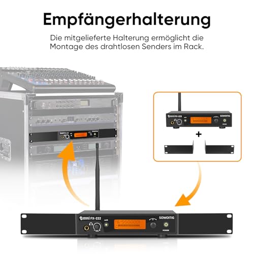 SOWOITIG Kabelloses In-Ear-Monitoring-System – Professionelles UHF-IEM-System (Mono) mit Rackmount-Metall-Sender, 1 Bodypack-Empfänger mit Ohrhörer, 100 Frequenzen, 80 m Reichweite für Sänger & Bands