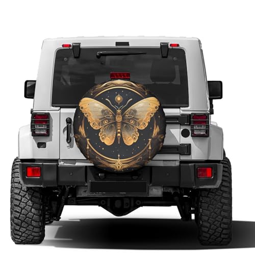 Image of Delerain Mystic Gold Moth Moon Spare Tire Cover for RV Trailer SUV Truck and Many Vehicle, Wheel Covers Sun Protector Waterproof (15 Inch for Diameter 27 inch-29 inch)
