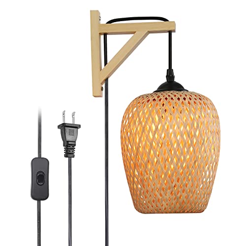 Lustorm 1 Contemporary Lantern Wall Lamp With Wooden Rack Japanese Style Wall Sconce With Bamboo Lampshade With Plug In Cord E26 Mounted Fixture Large Lamps For Living Room, Bedside #TOP1