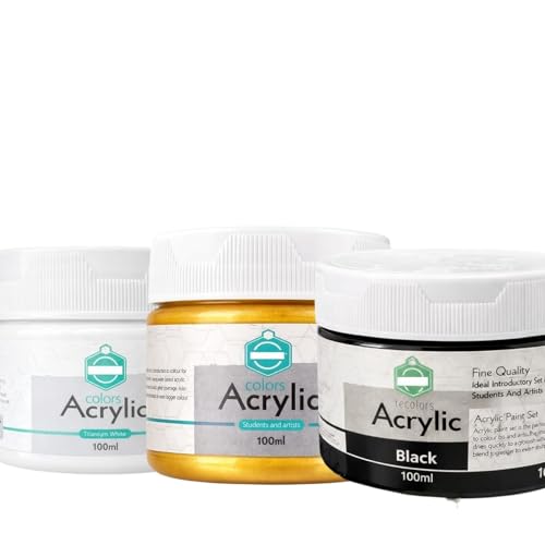 Image of Acrylic Paint 100ml for Artist & Craft Painting Colour Smooth Finish Art Paint Perfect for Canvas Wood - Black & Golden & White - Pack of 3
