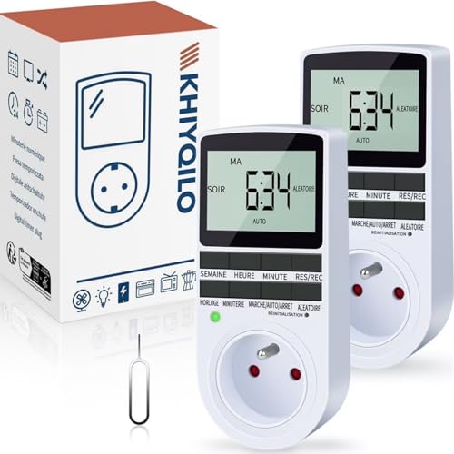 KHIYQILO Lot de 2 Programmateurs Prises Électriques Digitales, Version Française, Minuterie Prise Numérique 18 Programmes, Prise Programmable, Compte à...