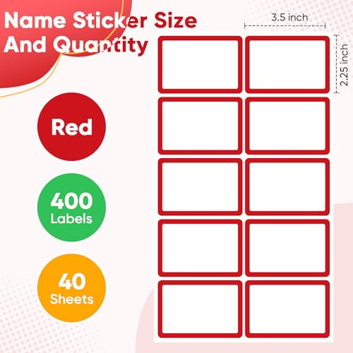 Image of 400 Pcs Red Name Tags Sticker, 3.5 inchx2.25 inch Blank Name Tags with Red Border, Plain Name Labels Adhesive Identification Name Badges for School, Office, Meeting, Family Parties, Mailing