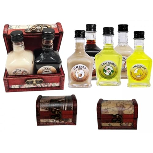 Lote de 5 Packs de 2 Botellas de Licores 'Toscana La Rivera' Sabores a Elegir con Baúl de Madera Mapas. Regalos. Detalles de Bodas, Comuniones, Bautizos, Cumpleaños y Eventos.DC (CREMA)