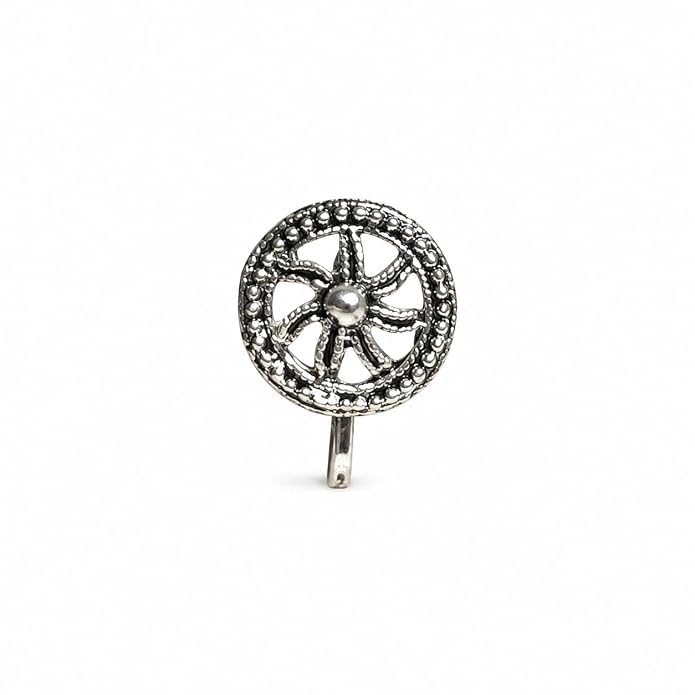 Jewellery Dazzling Oxidised Silver Finish Round Floral Wheel Design Adjustable Nose Pin | Press-On Nose Ring | Without Piercing | Nathiya | Nathani | For Women & Girls-image-0