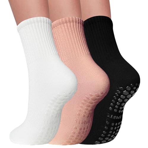 Image of 3 Pairs Pilates Socks with Grips for Women Non Slip Grip Socks for Yoga Barre Hospital Workout