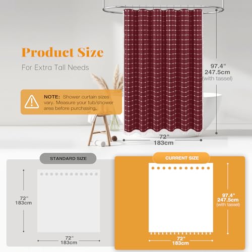 Image of BTTN Extra Long Shower Curtain - 72x96 Inch Long Boho Chic Linen Fabric Heavy Duty Shower Curtain Set with Hooks, Tall Bohemian Farmhouse Shabby Chic Tassel Shower Curtains for Bathroom - Burgundy