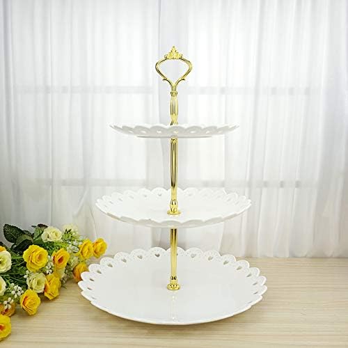 Hetoco 3-tier White Gold Plastic Dessert Stand Pastry Stand Cake Stand Cupcake Stand Holder Serving Platter for Party Wedding Home Decor-Large-set of 2