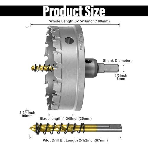 Image of SALI 3-3 /4 inch(95mm) TCT Hole Saw Kit Tungsten Carbide Tipped Hole Saw Drill Bit with Titanium-Plated Pilot Drill bit for Metal, Stainless Steel, Iron, Wood, Plastic