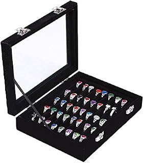 Juanya Girls Velvet Glass Ring Earrings Jewelry Box Display Storage Showcase Holder Organizer (Black)