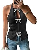 Tankaneo Womens Cute Bow Halter Tank Tops Sexy Keyhole Backless Slim Fit Crop Tops Y2k Summer Sleeveless Cami Shirts Black