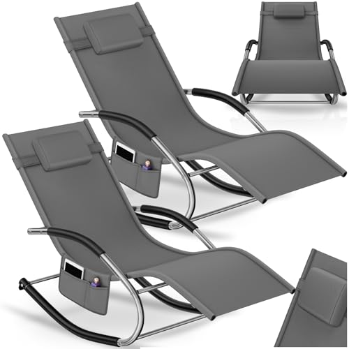 tectake® Lot de 2 Chaise longue ergonomique 62 x 146 x 92 cm Balancement doux, Transat jardin exterieur, revêtement respirant & hydrofuge, Bain de soleil...